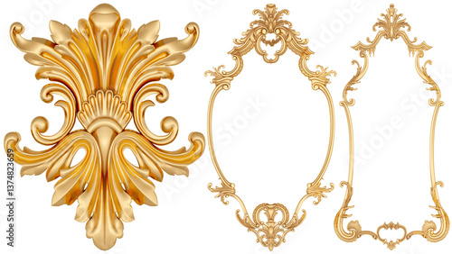 Gold ornament on transparent background, cut out, 3D render
