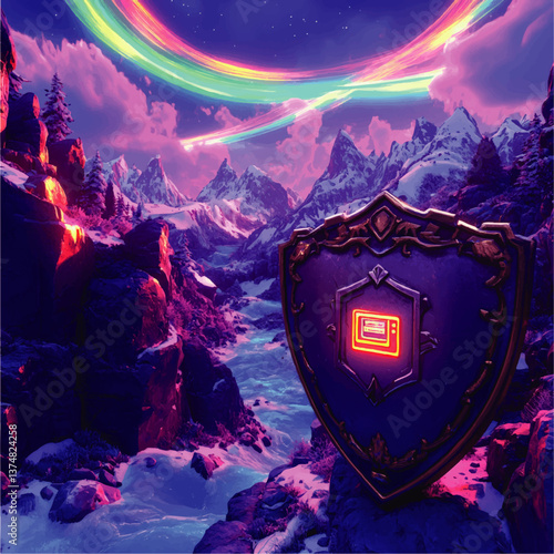 Stunning Fantasy Vector Illustration Featuring Magical Glowing Shield, Neon Aurora Borealis, Majestic Mountains, Flowing River and Vibrant Immersive Landscape Colors