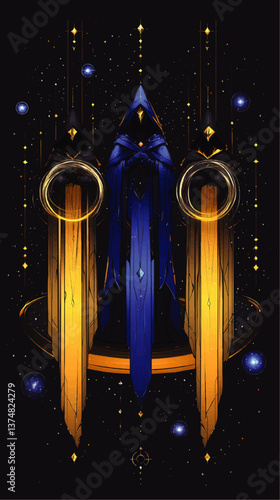 Mystical Vector Illustration of Three Magical Hooded Celestial Figures with Glowing Golden Robes and Blue Cloaks Surrounded by Cosmic Stars and Floating Orbs