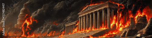 Dramatic Vector Illustration of Burning Capitol Building and Ancient Greek Temple Engulfed in Flames Depicting Apocalypse Fire Destruction and Chaotic End of Civilization