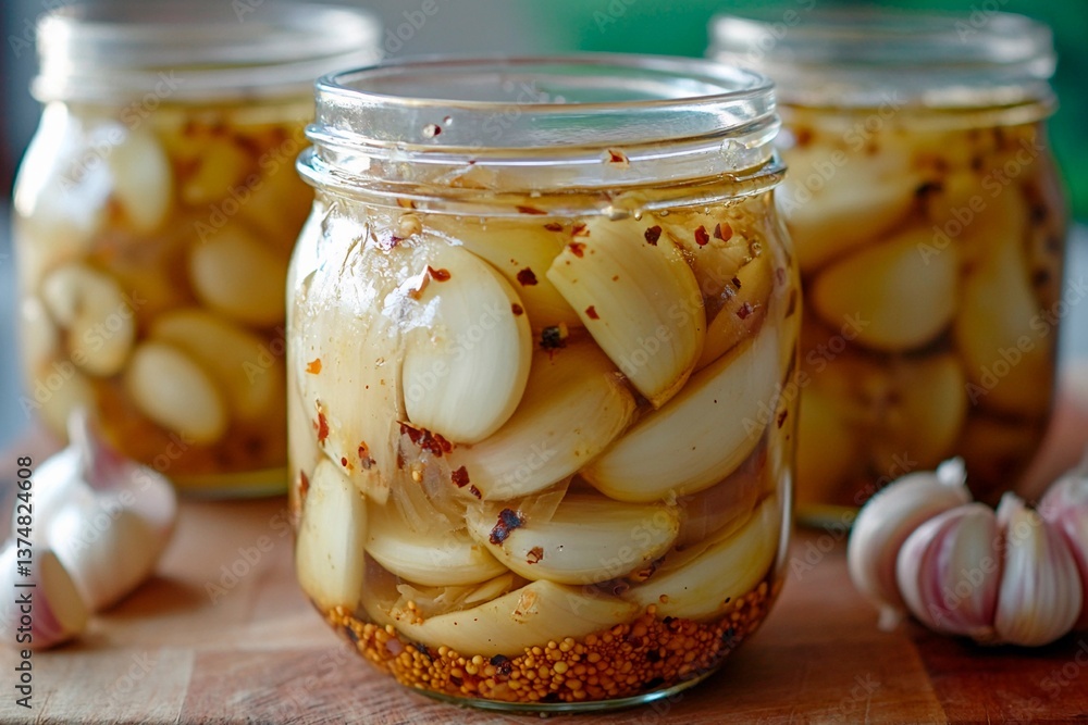 Garlic cloves are submerged in liquid and spices, preserved in glass jars on a wooden surface. The setting features scattered garlic bulbs, highlighting the pickling process and ingredients Garlic cloves are submerged in liquid and spices, preserved in glass jars on a wooden surface. The setting features scattered garlic bulbs, highlighting the pickling process and ingredients
