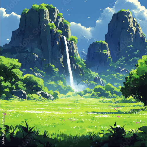 Stunning Serene Vector Landscape Illustration Featuring Majestic Mountains Lush Green Nature Peaceful Waterfall Scenic Valley Flowing Water Greenery and Summer Sky
