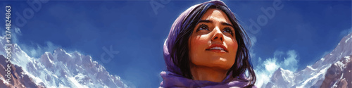 Beautiful Vector Portrait of Inspirational Woman Wearing Vibrant Purple Scarf Standing Proudly Against Majestic Snow Capped Mountains Under Bright Blue Sky Background