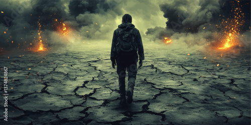 Dramatic Vector Art Depicting Lone Survivor Walking on Cracked Ground Through Fire Smoke and Explosions Apocalypse Disaster Survival Concept with Dark Moody Atmosphere