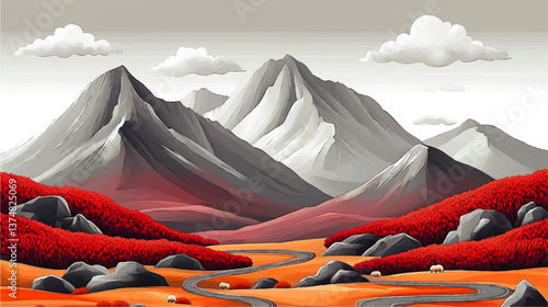 Stunning Vector Illustration of Majestic Mountain Landscape with Red Forest Trees, Curving Road, Grazing Sheep, Rocky Terrain, Vibrant Colors, Artistic Detailed Scenery