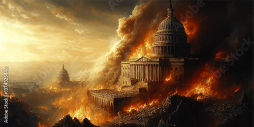 Dramatic Vector Illustration of Capitol Building Destroyed by Fire Flames and Smoke Rising Over City Disaster Scene Apocalyptic Destruction Digital Fantasy Art Design
