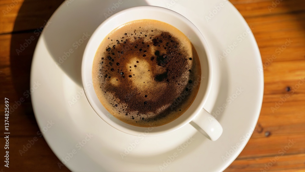 Aromatic Coffee in White Cup on Wooden Table Aromatic Coffee in White Cup on Wooden Table