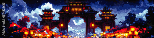 Stunning Vector Illustration of Traditional Asian Temple Gate at Night Illuminated by Lanterns Under a Starry Sky With Vibrant Colors and Artistic Lighting Effects