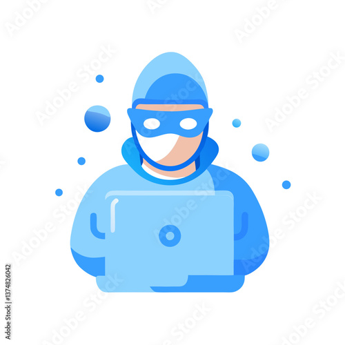 Illustration of hacker in blue hooded outfit with computer and mask
