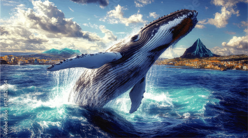 Majestic Humpback Whale Breaching in Ocean Waters Near Coastal City with Dramatic Clouds and Futuristic Fantasy Mountains Vector Illustration Art Design Background