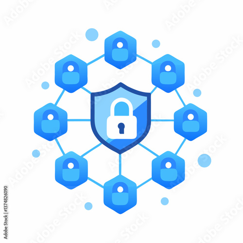 Blue network security icon with lock and shield for cyber protection