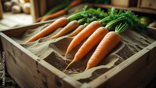 Carrots Buried in Sand Inside a Wooden Box, Traditional Storage, Root Preservation, Organic Farming

