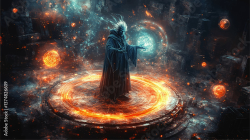 Mystical Sorcerer Performing Powerful Elemental Magic Casting Spell within Glowing Magical Circle Fantasy Art Concept Illustration with Fire Ice and Cosmic Energies
