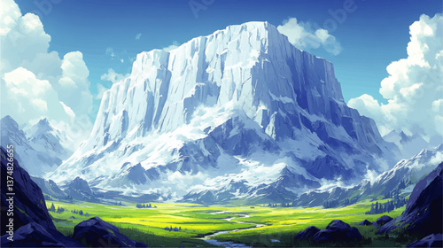 Majestic Snowcapped Mountain Landscape with Lush Green Meadow and Clear River Under Blue Sky Scenic Vector Illustration of Pristine Wilderness Nature Scene Background