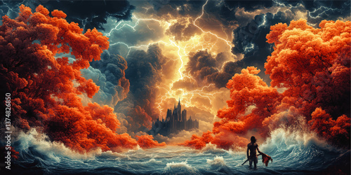 Epic Fantasy Vector Illustration of Heroic Warrior Facing Stormy Seas Near Mysterious Castle with Lightning Clouds and Vibrant Orange Trees for Adventure Story Concept