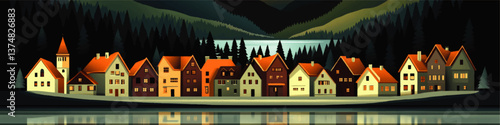 Scenic Vector Illustration of Charming Village Houses Beside Serene Lake Surrounded by Majestic Mountains Pine Forests Night Reflections Peaceful Nature Themed Landscape
