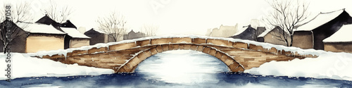 Wallpaper Mural Serene Winter Landscape Vector Art Featuring Ancient Stone Bridge Snow Covered Houses and Beautiful Calm River Scene Ideal for Tranquil Seasonal Project Backgrounds Torontodigital.ca