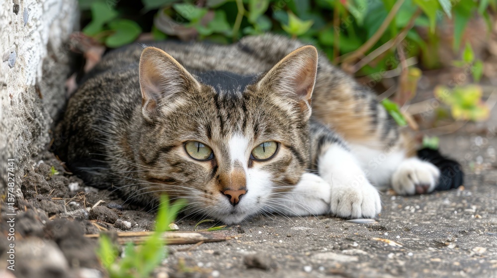 Adorable feline with fluffy fur and bright green eyes, capturing the essence of a playful domestic kitty outdoors. Adorable feline with fluffy fur and bright green eyes, capturing the essence of a playful domestic kitty outdoors.