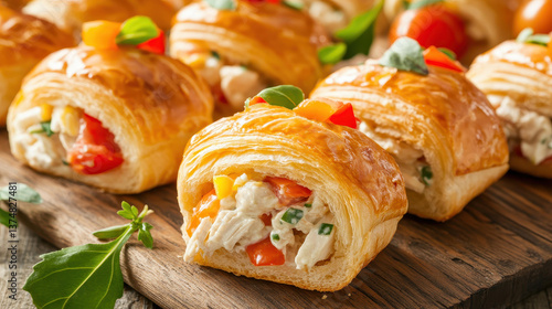 Delight guests with mini croissant sandwiches filled with gourmet chicken salad and fresh tomatoes, perfect for any party.