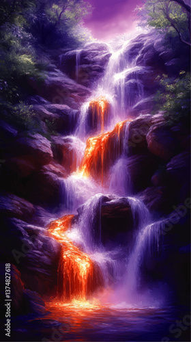 Mystical Digital Art Scene Featuring Majestic Waterfall Flowing Over Rocky Cliffs With Glowing Lava Streams Set Against Magical Purple Sky Nature Fantasy Illustration