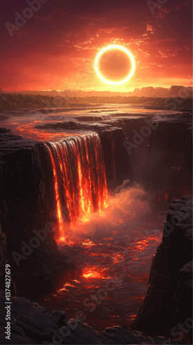 Fiery Solar Eclipse Over Lava Waterfall Dramatic Volcanic Landscape Vector Illustration Epic Fantasy Scenery Fire Flowing from Cliff Hot Molten Lava Nature Background