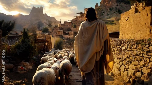 Serenity at dawn: shepherd jesus leading flock through rustic village at sunrise, spiritual tranquility, shepherd jesus and sheep