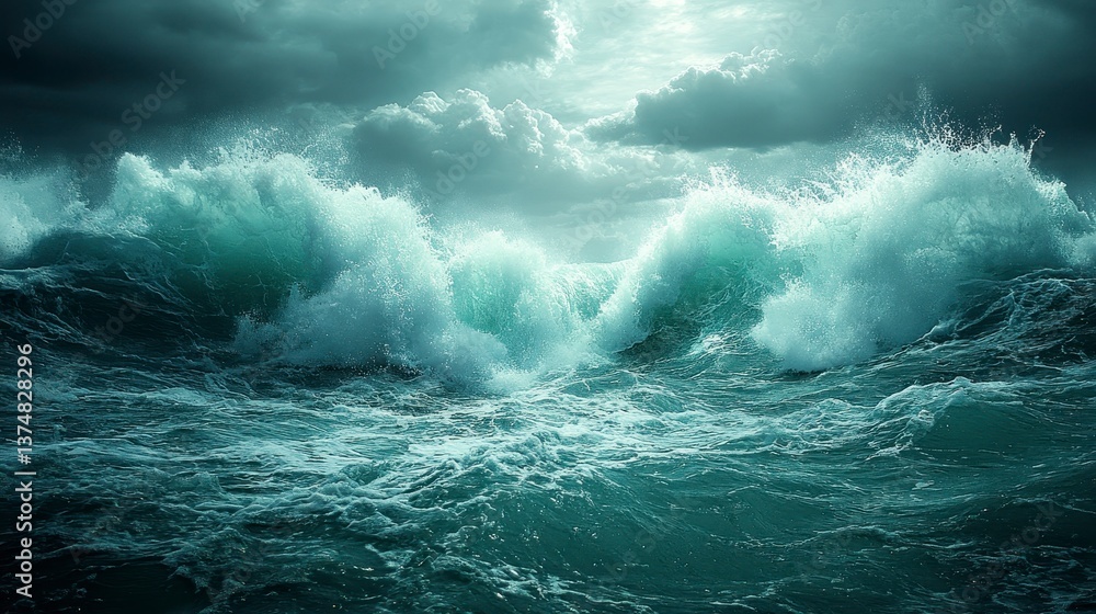 Stormy seas. Swirling waves crash under a brooding, cloudy sky Stormy seas. Swirling waves crash under a brooding, cloudy sky