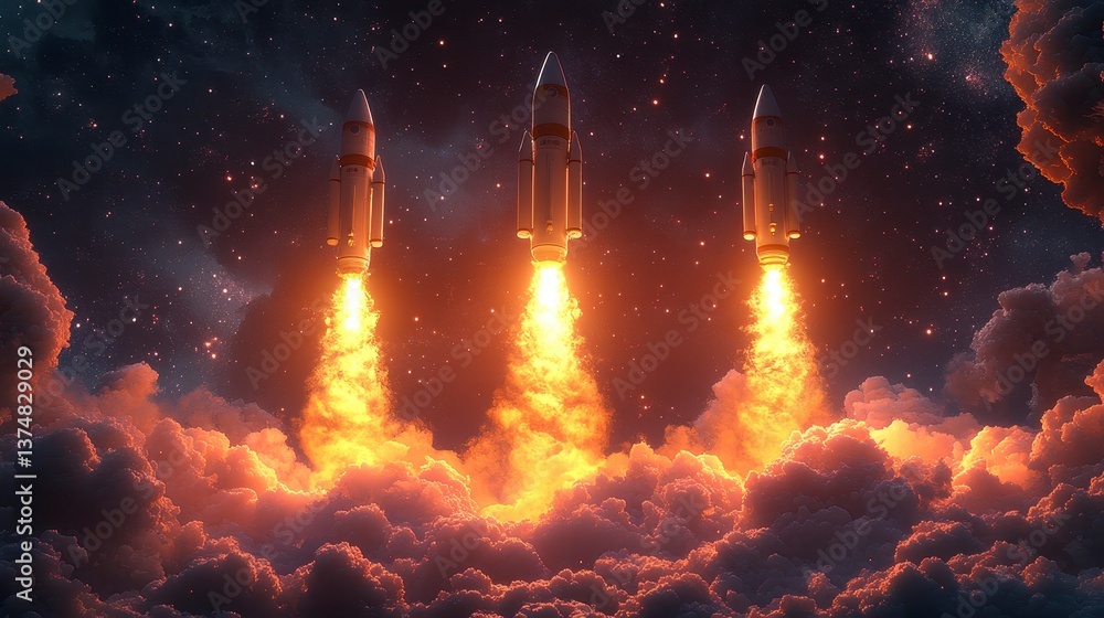 Three rockets launch, blasting through vibrant orange clouds into the starlit sky above Three rockets launch, blasting through vibrant orange clouds into the starlit sky above
