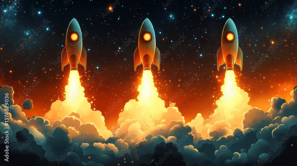Three rockets launch into space, bursting through clouds in a vibrant spectacle Three rockets launch into space, bursting through clouds in a vibrant spectacle