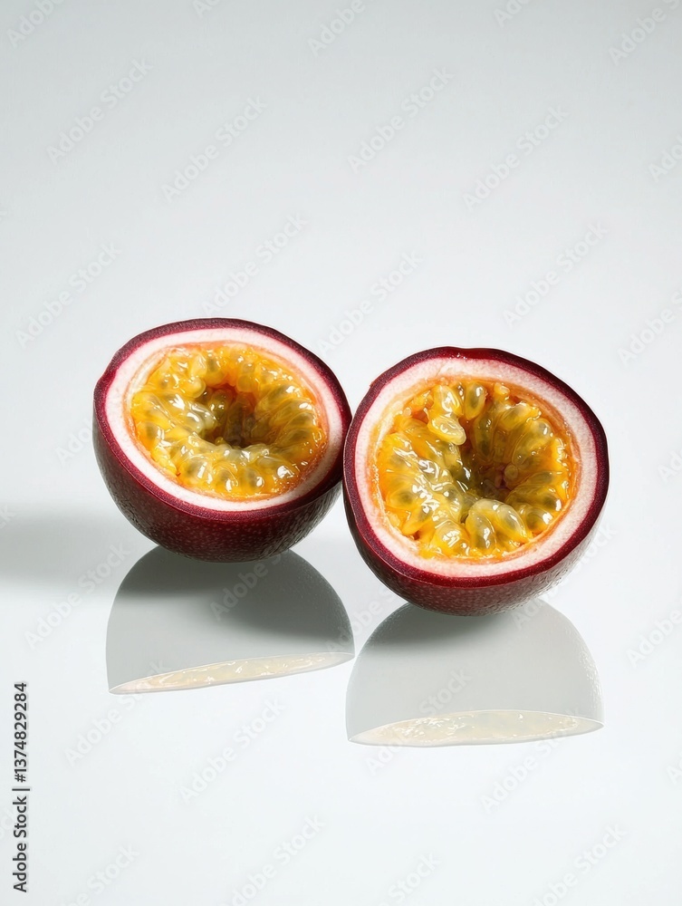 Two halves of a passion fruit on a white background. the passion fruit is cut in half, revealing the yellow flesh inside. the flesh is a deep red color and appears to be ripe and juicy. Two halves of a passion fruit on a white background. the passion fruit is cut in half, revealing the yellow flesh inside. the flesh is a deep red color and appears to be ripe and juicy.