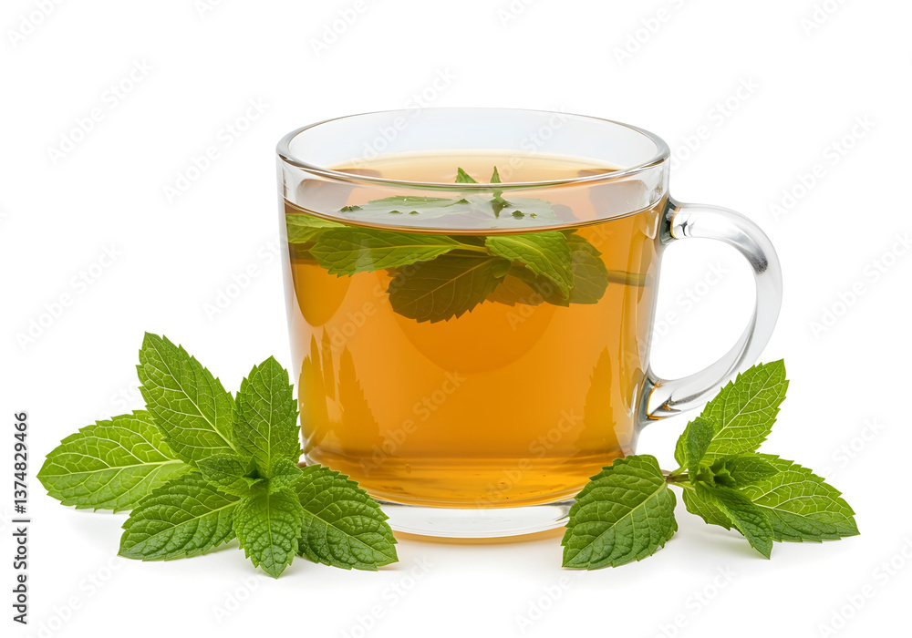 Fresh Herbal Mint Tea in a Glass Cup with Green Leaves isolated on white background Fresh Herbal Mint Tea in a Glass Cup with Green Leaves isolated on white background