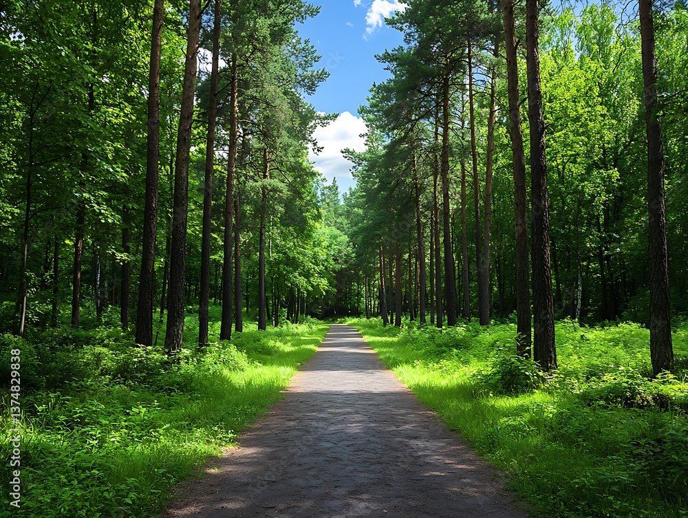 Fototapeta premium Sunlit Forest Path with Summer Walk.