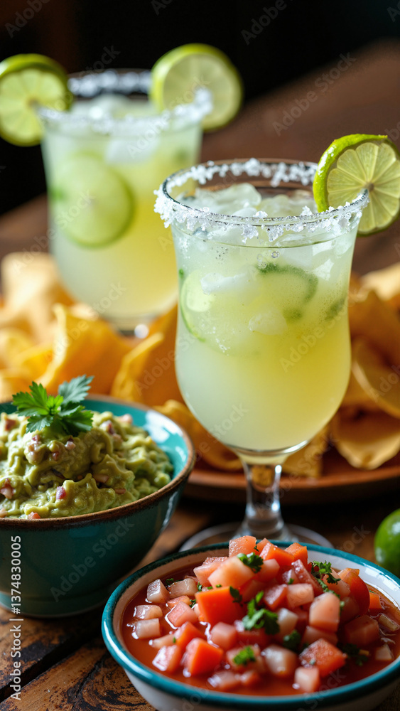 Isolated on transparent background: Close-up of frosty lime margaritas with nachos, guacamole, and salsa on rustic table for Mexican restaurant ads, happy hour promotions, and Cinco de Mayo Isolated on transparent background: Close-up of frosty lime margaritas with nachos, guacamole, and salsa on rustic table for Mexican restaurant ads, happy hour promotions, and Cinco de Mayo