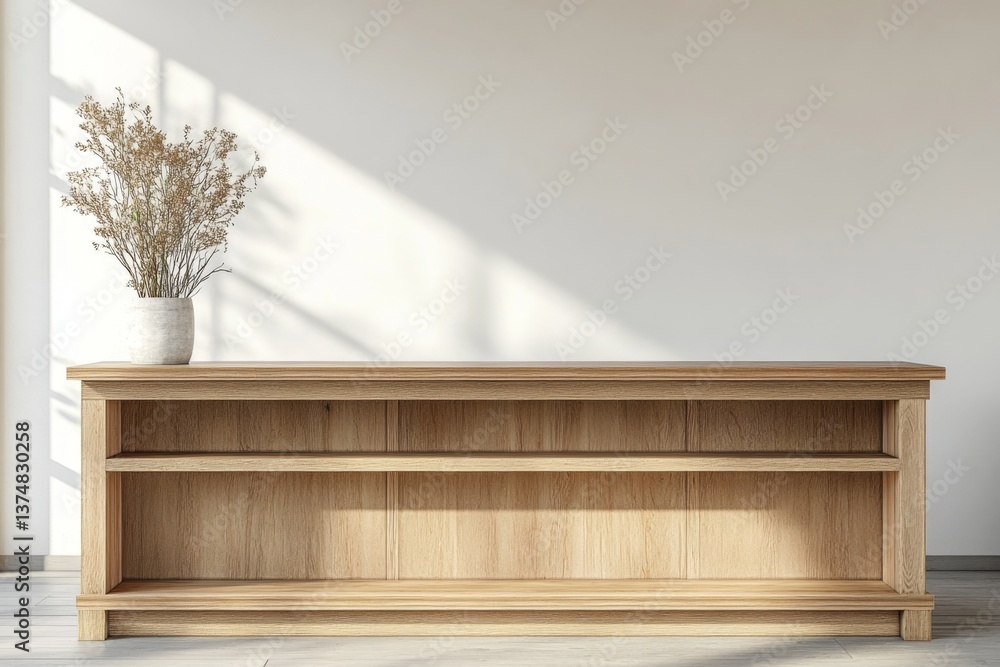 Empty light wood console table in bright minimalist room Empty light wood console table in bright minimalist room