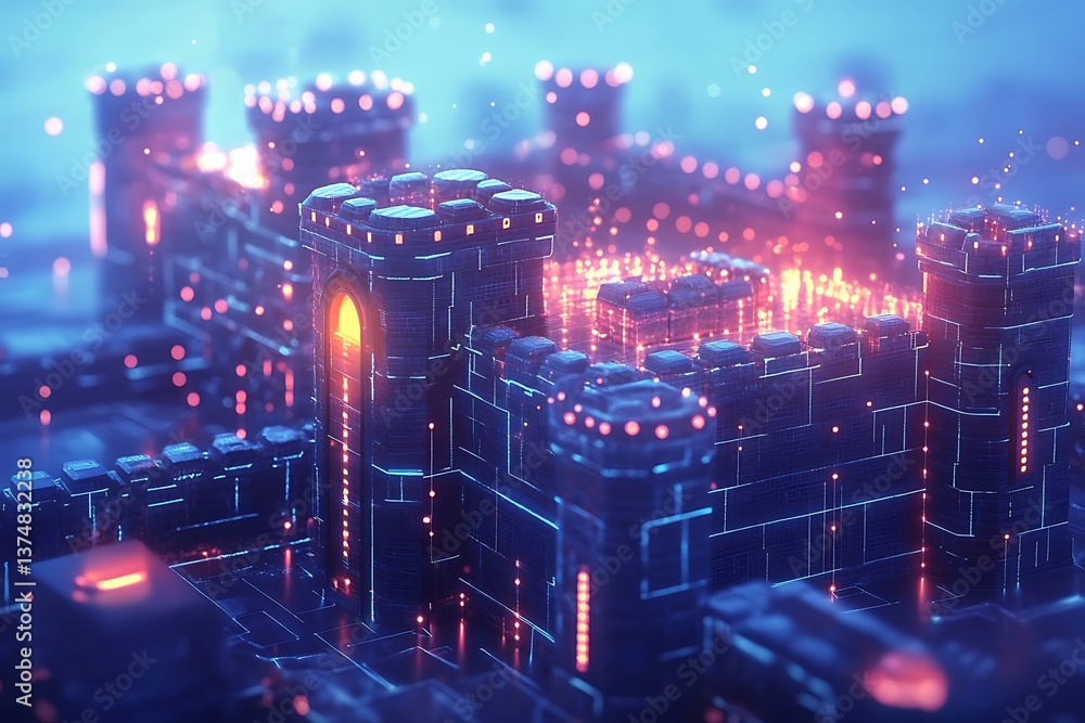 A cyberpunk-style castle made of glowing neon lights, surrounded by tall walls and towers, A cyberpunk-style castle made of glowing neon lights, surrounded by tall walls and towers,