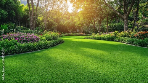 Wallpaper Mural A bright green park with neatly trimmed grass, clean pathways, and vibrant flowers, surrounded by trees Torontodigital.ca