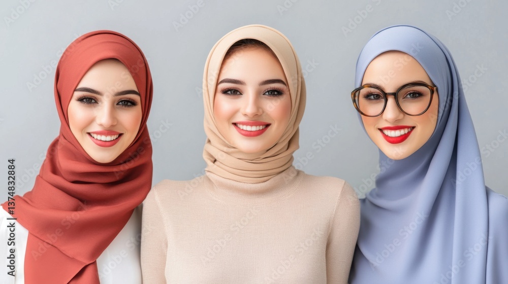 Three Women in Colorful Hijabs Smiling at Camera Against Neutral Background Three Women in Colorful Hijabs Smiling at Camera Against Neutral Background