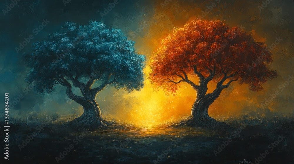 Contrasting trees, blue and orange, meet under a glow Contrasting trees, blue and orange, meet under a glow