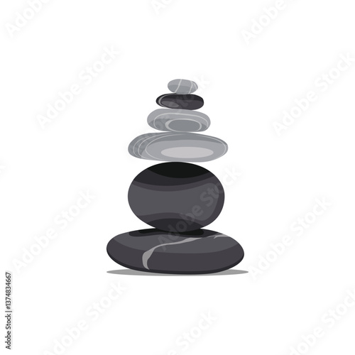 Vector illustration of pebbles balancing in cartoon flat style. Meditation balance stone pyramid. Stacked pebbles pastel colors object vector illustration isolated white background.