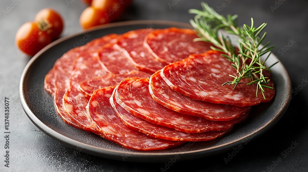Thinly sliced salami arranged on dark plate with sprigs of fresh rosemary. Delicious and savory cold cuts for charcuterie boards. National Cold Cuts Day celebration Thinly sliced salami arranged on dark plate with sprigs of fresh rosemary. Delicious and savory cold cuts for charcuterie boards. National Cold Cuts Day celebration