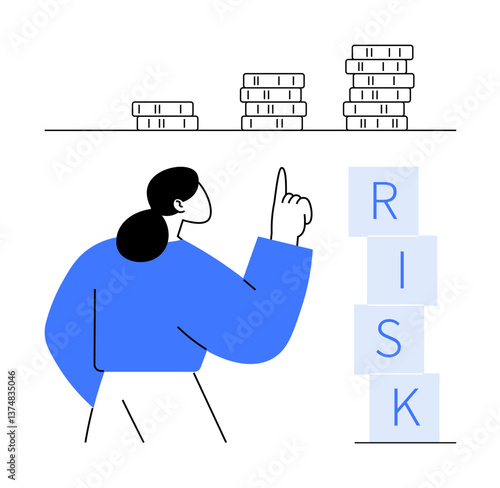 Woman points at coin stacks symbolizing rewards and stacked blocks spelling RISK. Ideal for finance, investment, decision-making, strategy, planning, business analysis, abstract line flat metaphor