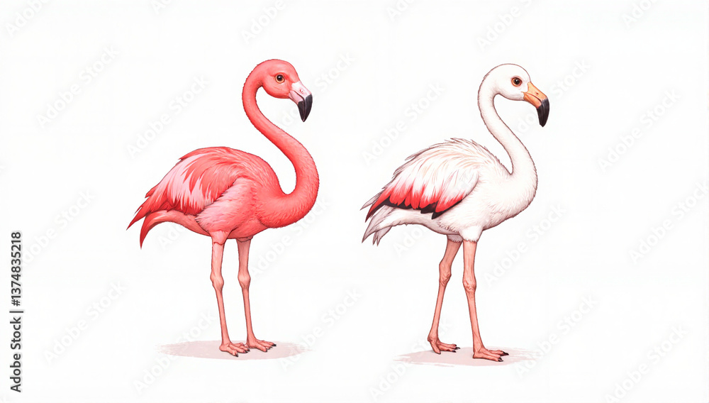 Obraz premium Two Flamingos Standing Side by Side on White Background 