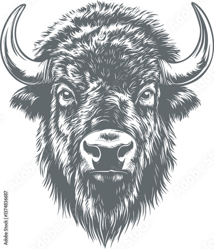 Detailed black and white illustration of a bison with intricate fur texture. Vector illustration