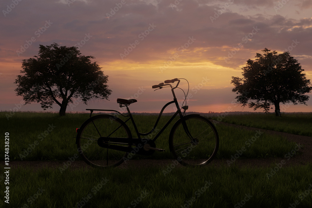 Obraz premium parked bicycle on the country lane in the beautiful evening light. 3D Rendering