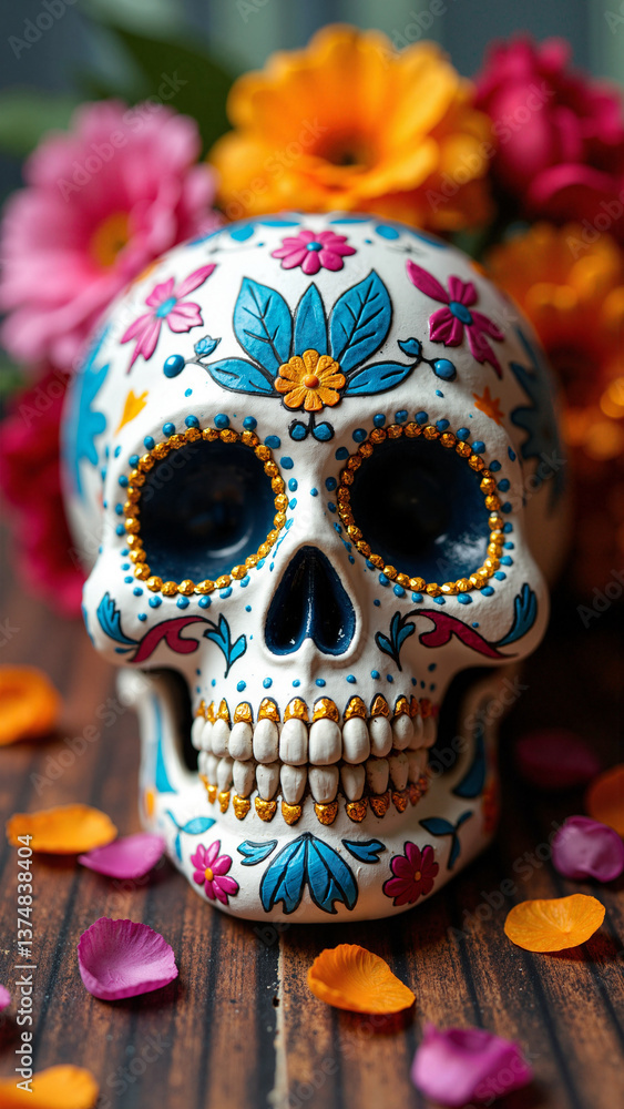 Vibrant Calavera sugar skull with floral patterns for Dia de los Muertos, isolated on transparent background, ideal for cultural marketing, social media, and event promotions keywords: calavera, Vibrant Calavera sugar skull with floral patterns for Dia de los Muertos, isolated on transparent background, ideal for cultural marketing, social media, and event promotions keywords: calavera,