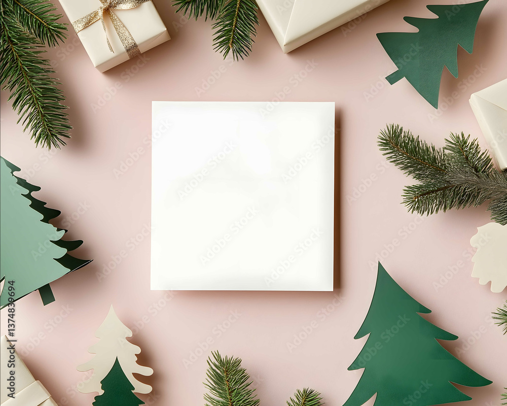 A white blank square card mockup card laying on top of pink green children paper cut outs christmas cut outs flat lay image white table natural lighting highresolut A white blank square card mockup card laying on top of pink green children paper cut outs christmas cut outs flat lay image white table natural lighting highresolut