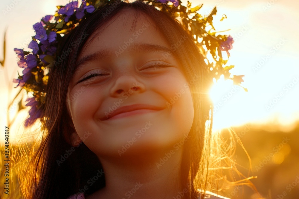 Fototapeta premium Happy caucasian child girl with black hair wearing purple flower crown on her head. Golden hour in sunset. Happy vacation time visual idea. Childâ€™s holiday escape in nature.