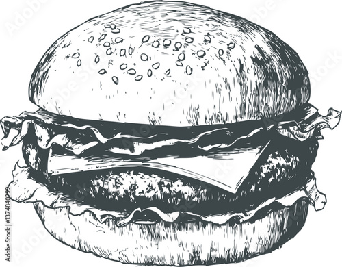 Black and white hand-drawn hamburger illustration with cheese and lettuce. Vector illustration