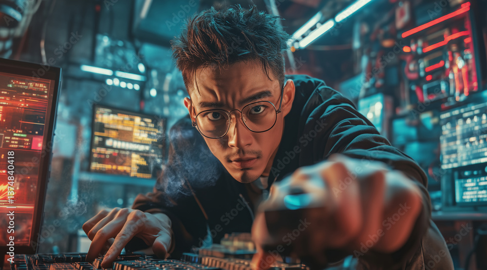 Fototapeta premium A cybersecurity expert works intensely on a computer, managing firewall settings and analyzing data. The dimly lit environment, with multiple screens, highlights the urgency of preventing breaches.