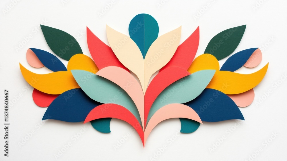 Obraz premium Colorful abstract design made up of multiple overlapping leaves. the leaves are arranged in a symmetrical pattern, with each leaf having a different color - red, orange, yellow, green, blue, and pink.